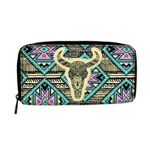 Wallet Full Zip Around Closure Cloth Native Print Bull Skull Applique Pink Blue